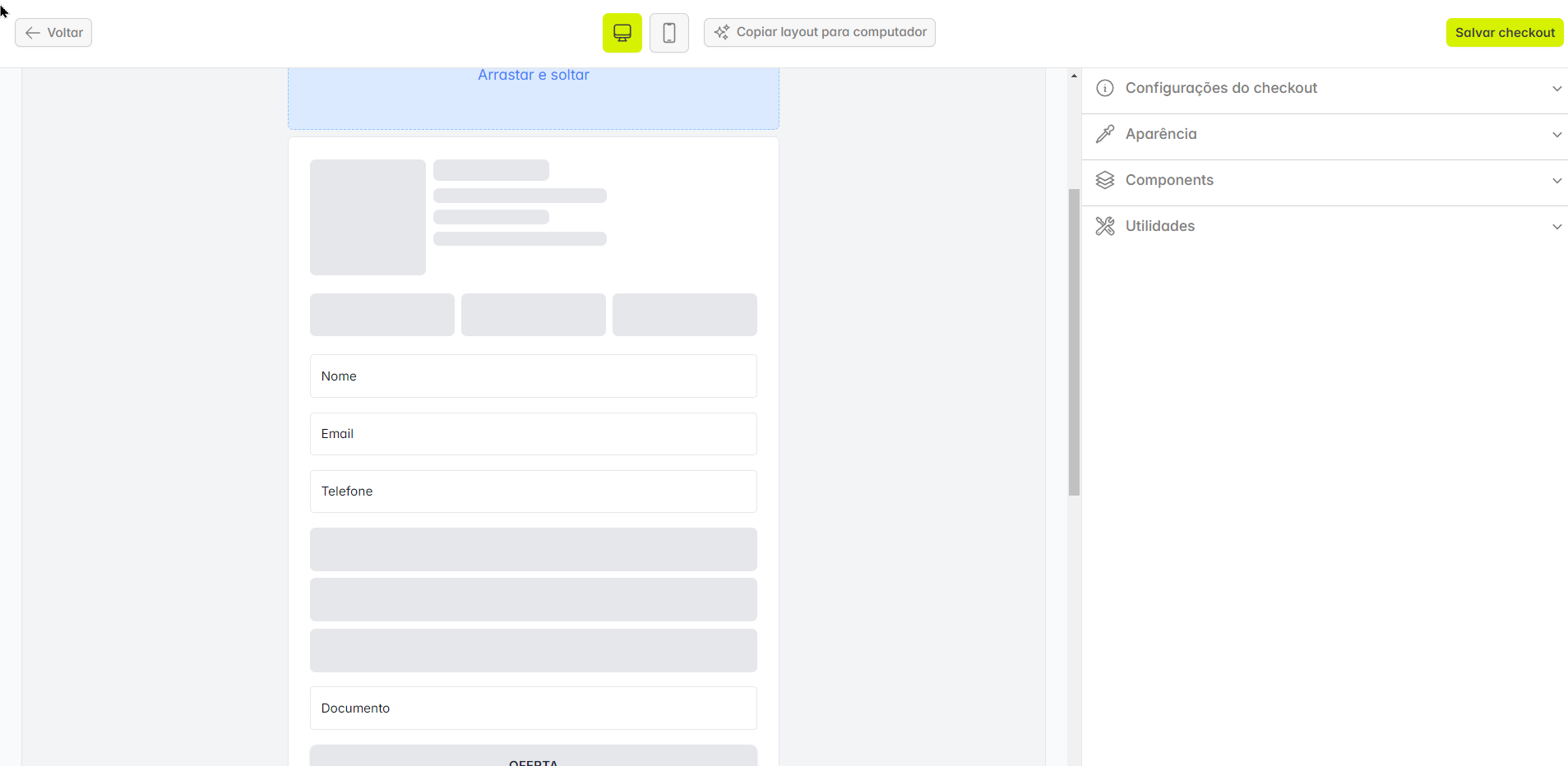 Captura de tela do checkout builder